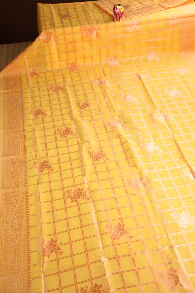 Macaroon Yellow Jute Sarees Antic Zari with Checks view 2