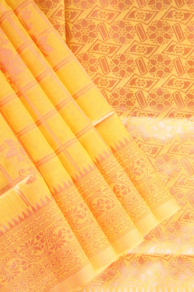Macaroon Yellow Jute Sarees Antic Zari with Checks