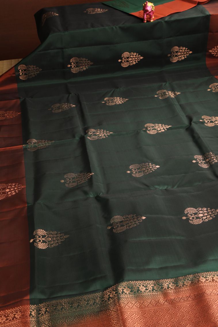 Bottle Green Soft Silk Saree with Copper Zari Floral Patterns view 2