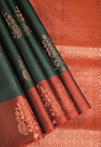 Bottle Green Soft Silk Saree with Copper Zari Floral Patterns
