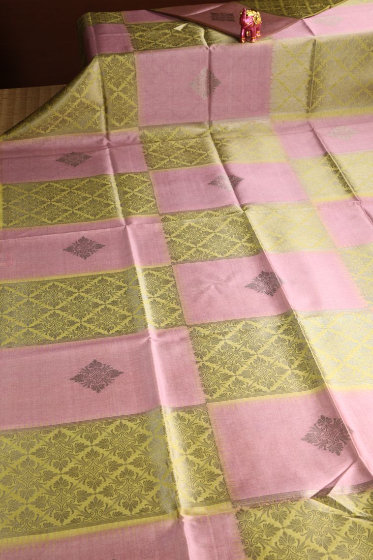 Lemon Yellow Semi Tussar Silk with Antic Zari Floral Patterns view 2