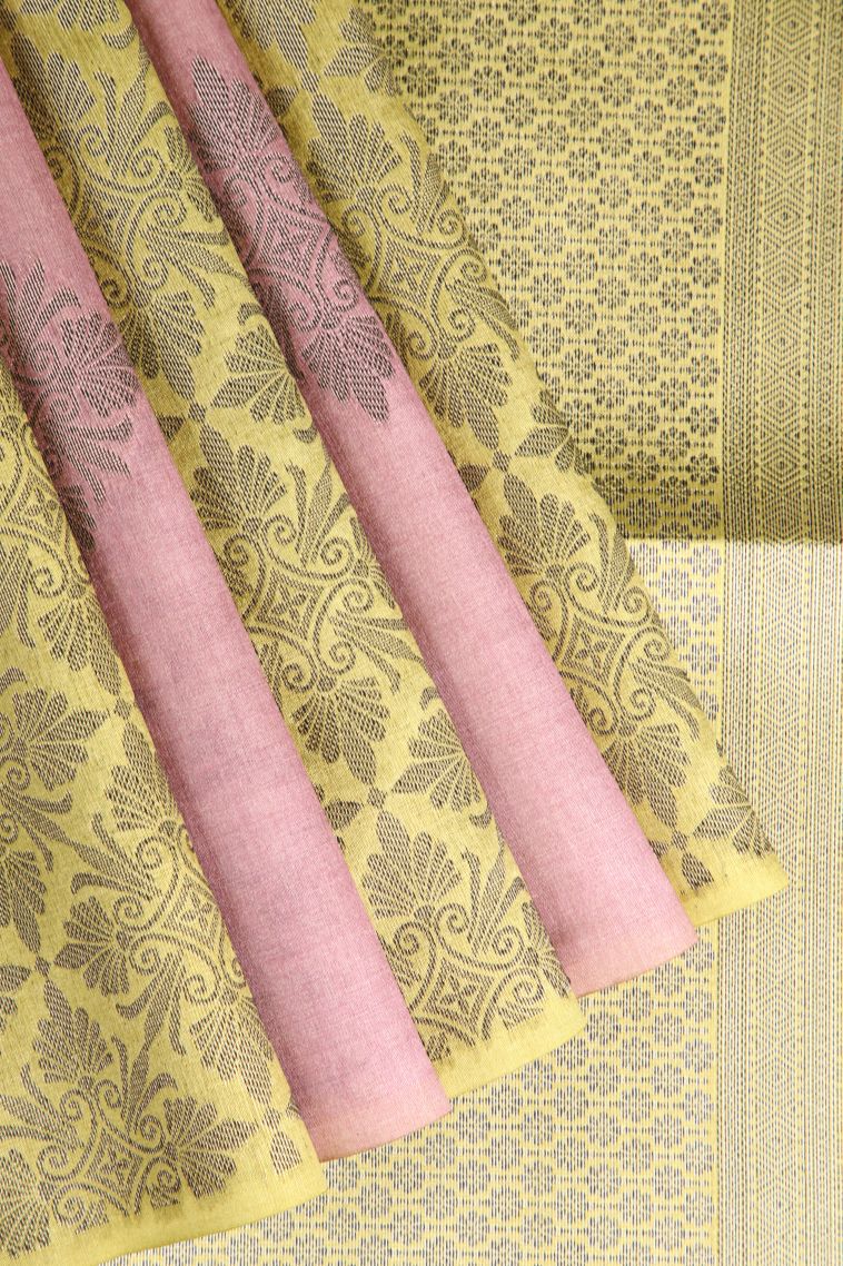 Lemon Yellow Semi Tussar Silk with Antic Zari Floral Patterns