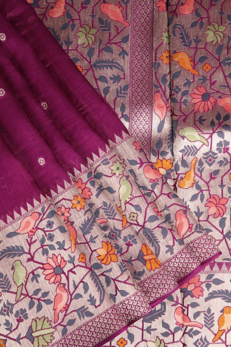 Magenta Purple Banaras Sarees with Silver Zari Buttis (small Dots Or Motifs) view 1