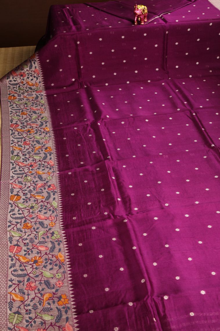 Magenta Purple Banaras Sarees with Silver Zari Buttis (small Dots Or Motifs) view 2