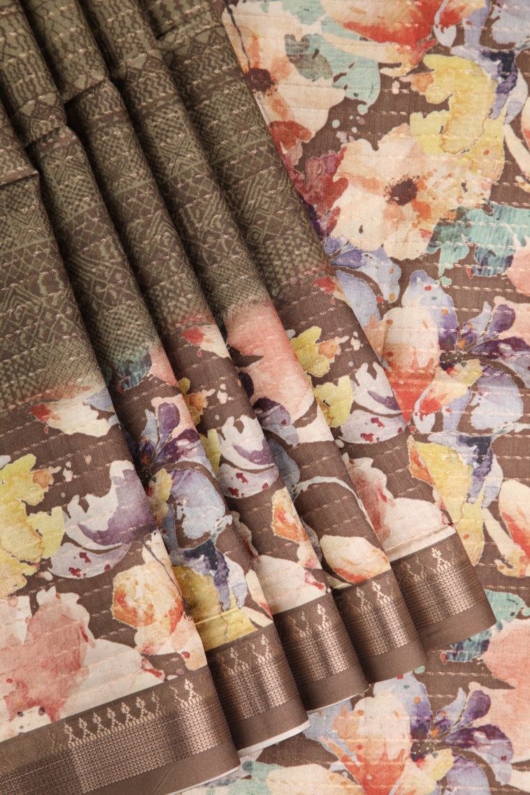 Tawny Brown Semi Tussar Silk Gold Zari with Jamandery Pattern