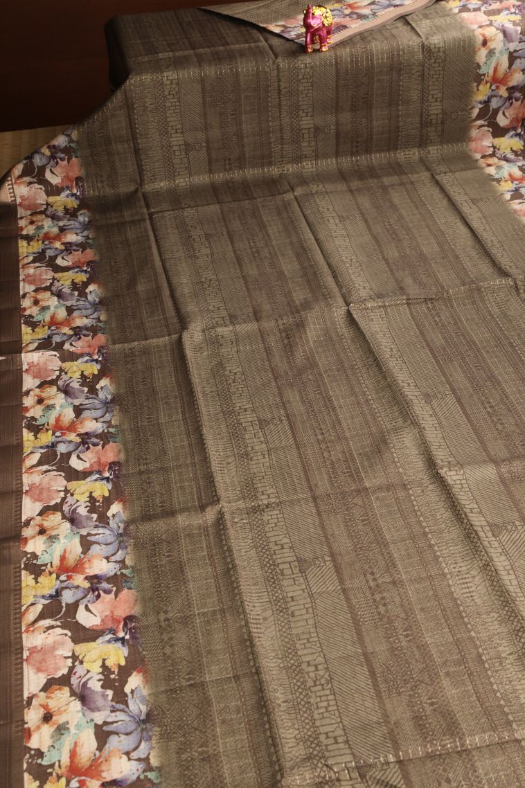 Tawny Brown Semi Tussar Silk Gold Zari with Jamandery Pattern view 2
