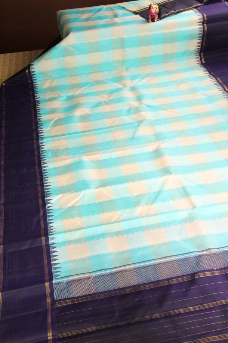 Arctic Blue Kanchipuram Silk Sarees Gold Zari with Checks view 2
