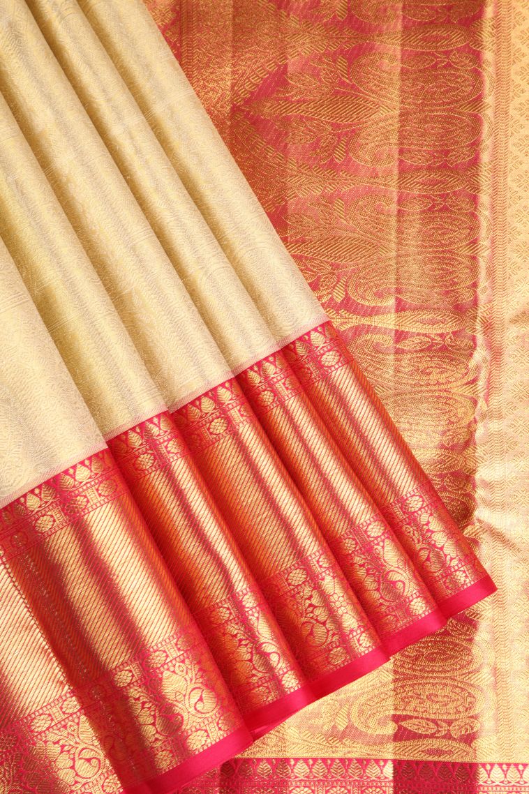 Cookie Yellow Kanchipuram Silk Sarees with Gold Zari Floral Patterns view 1