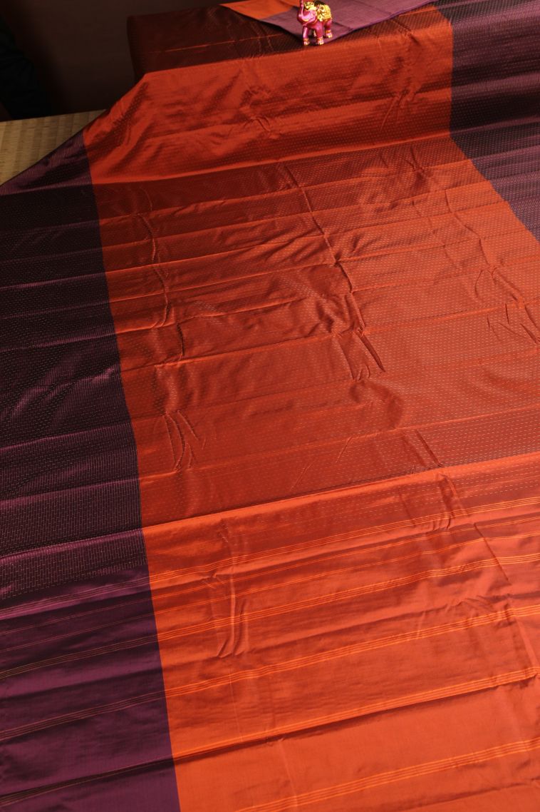Marmalade Orange Arani Silk Sarees Gold Zari with Stripes view 2
