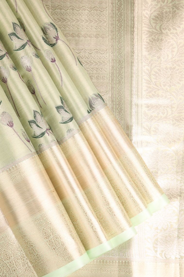 Pista Green Apoorva Silk Sarees with Gold Zari Floral Patterns view 1