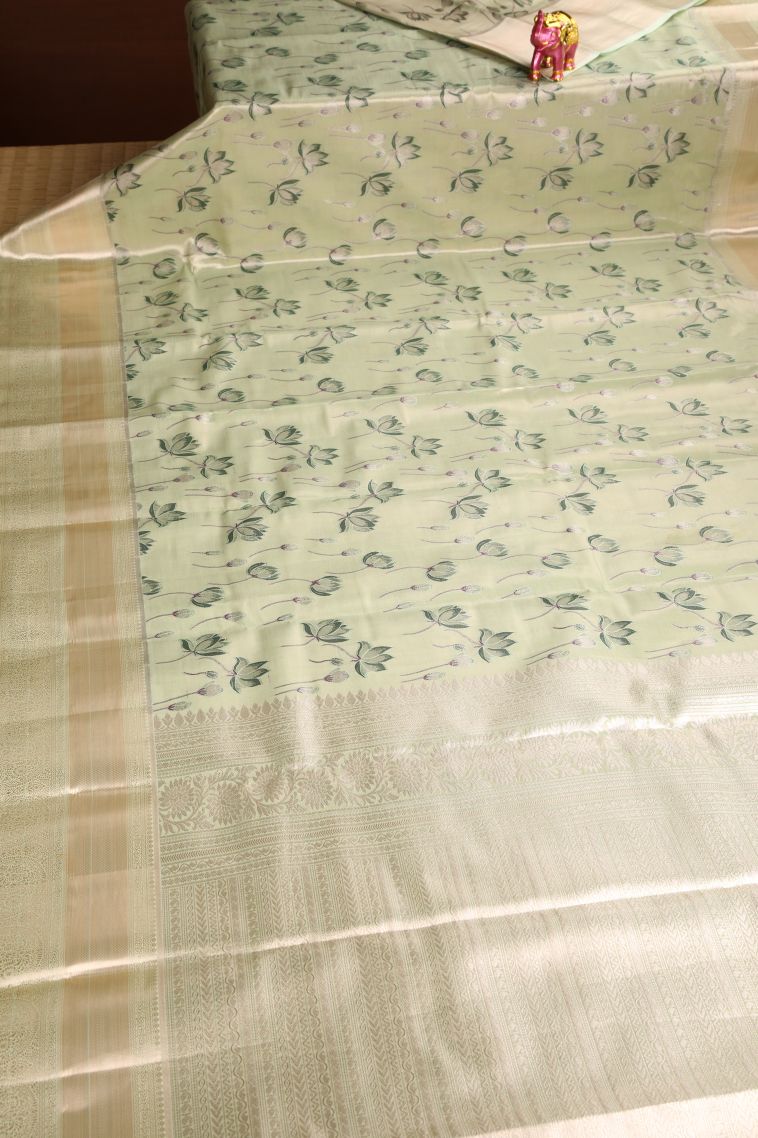 Pista Green Apoorva Silk Sarees with Gold Zari Floral Patterns view 2
