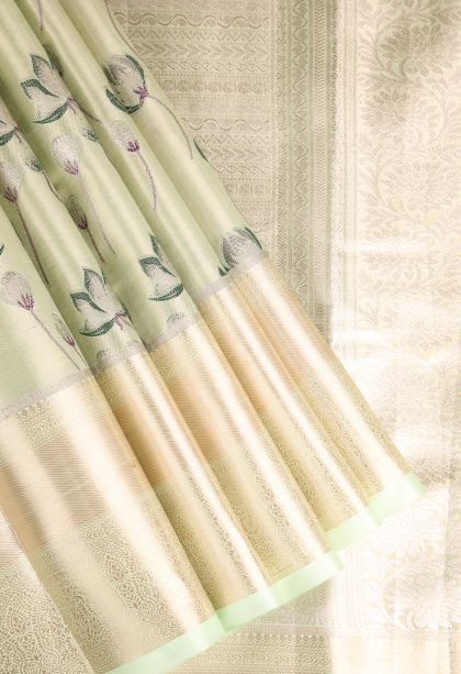 Pista Green Apoorva Silk Sarees with Gold Zari Floral Patterns