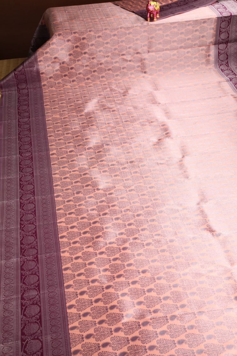 Flamingo Pink Visiri Madippu Silk Sarees with Silver Zari Manga view 2