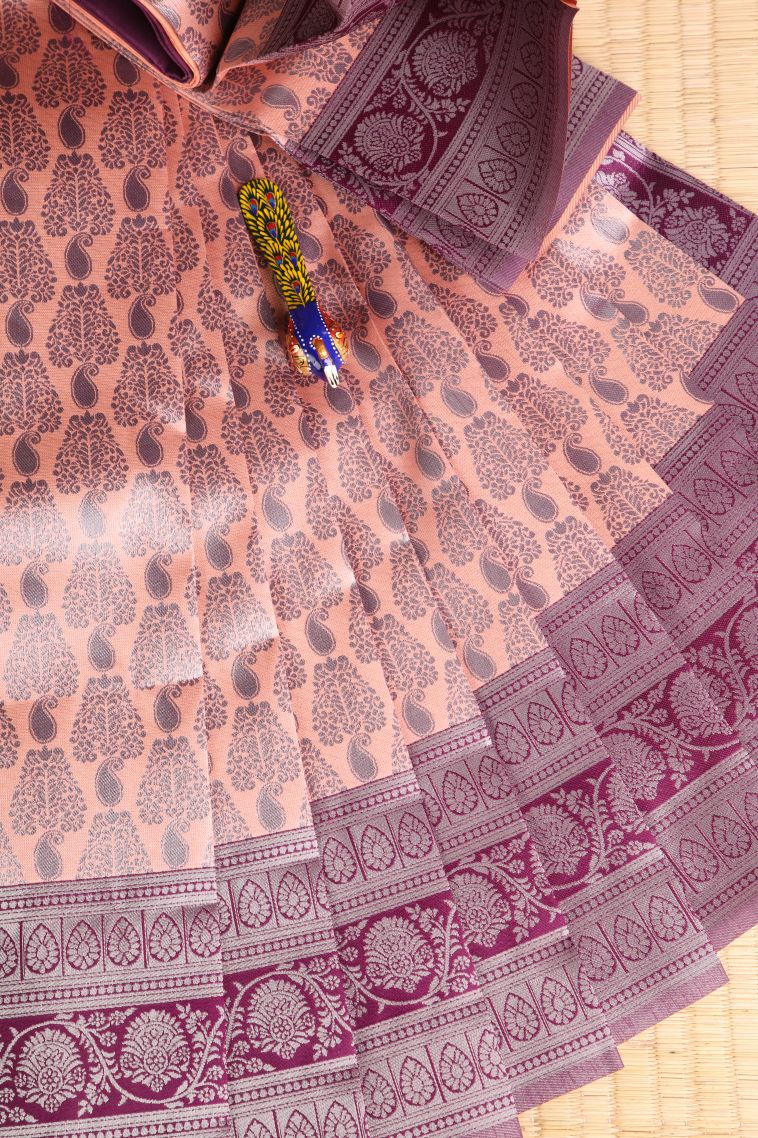 Flamingo Pink Visiri Madippu Silk Sarees with Silver Zari Manga view 1