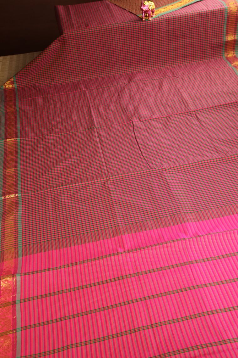 Punch Pink Poly Cotton Sarees Gold Zari with Checks view 2