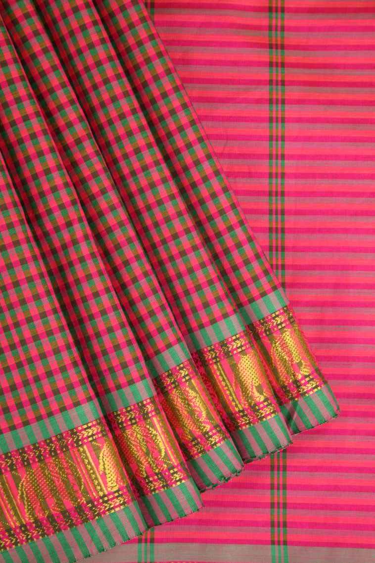 Punch Pink Poly Cotton Sarees Gold Zari with Checks
