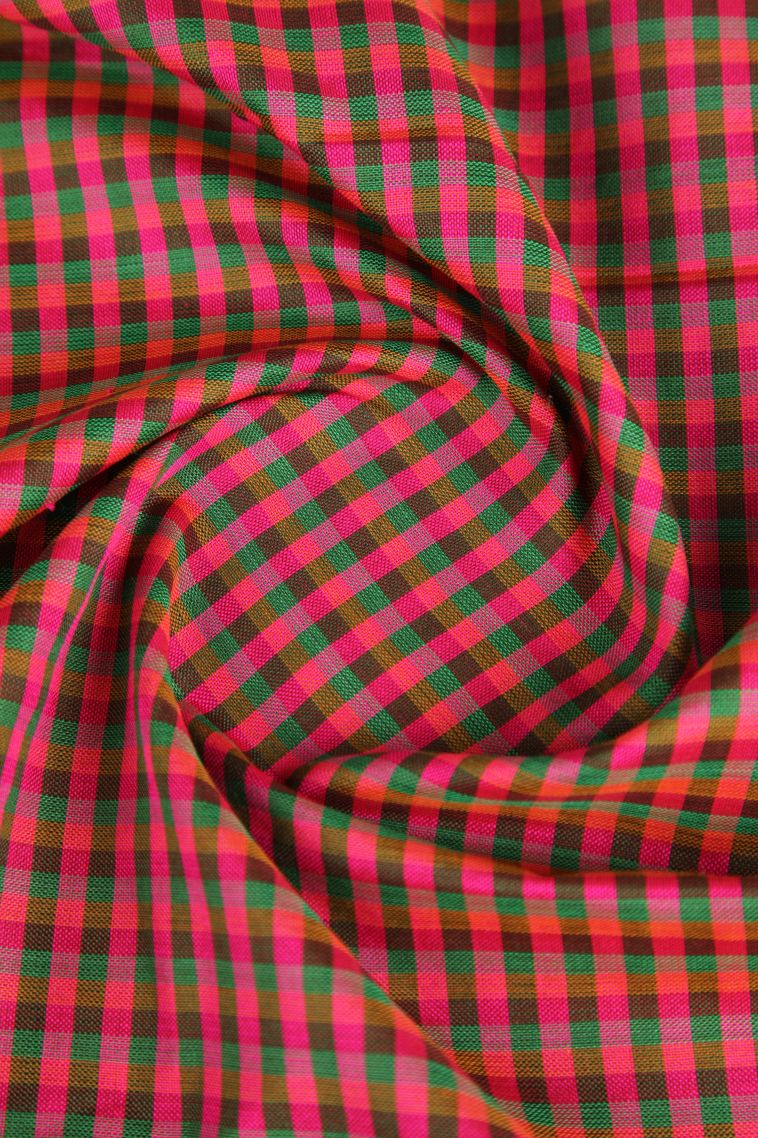 Punch Pink Poly Cotton Sarees Gold Zari with Checks view 4