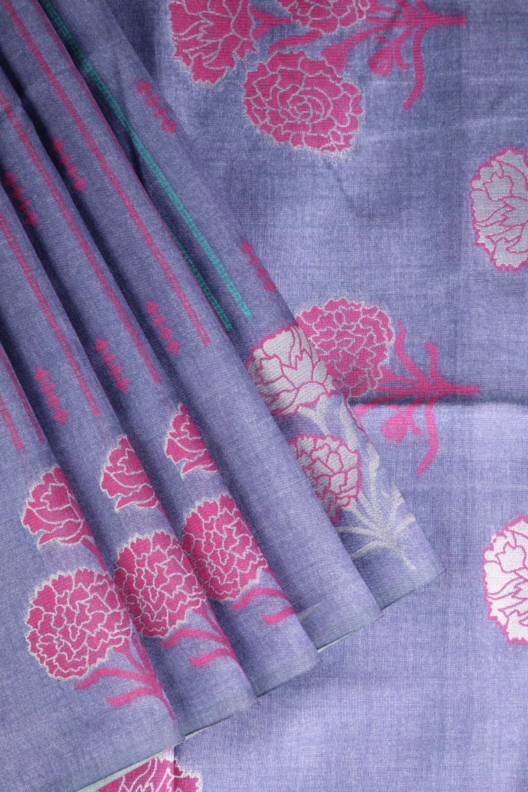 Mauve Purple Semi Tussar Silk with Silver Zari Stripes view 1
