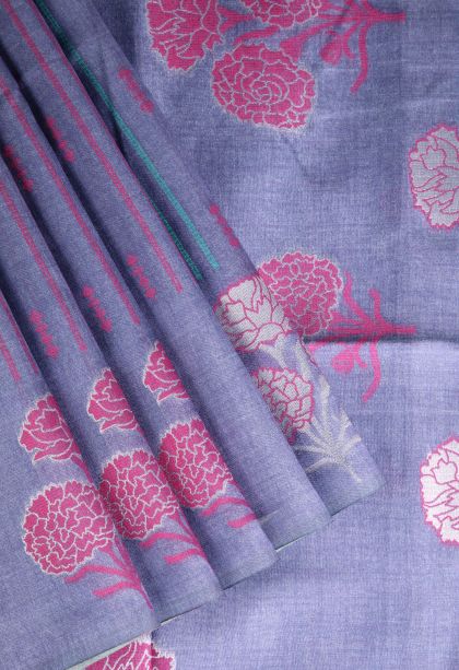Mauve Purple Semi Tussar Silk with Silver Zari Stripes