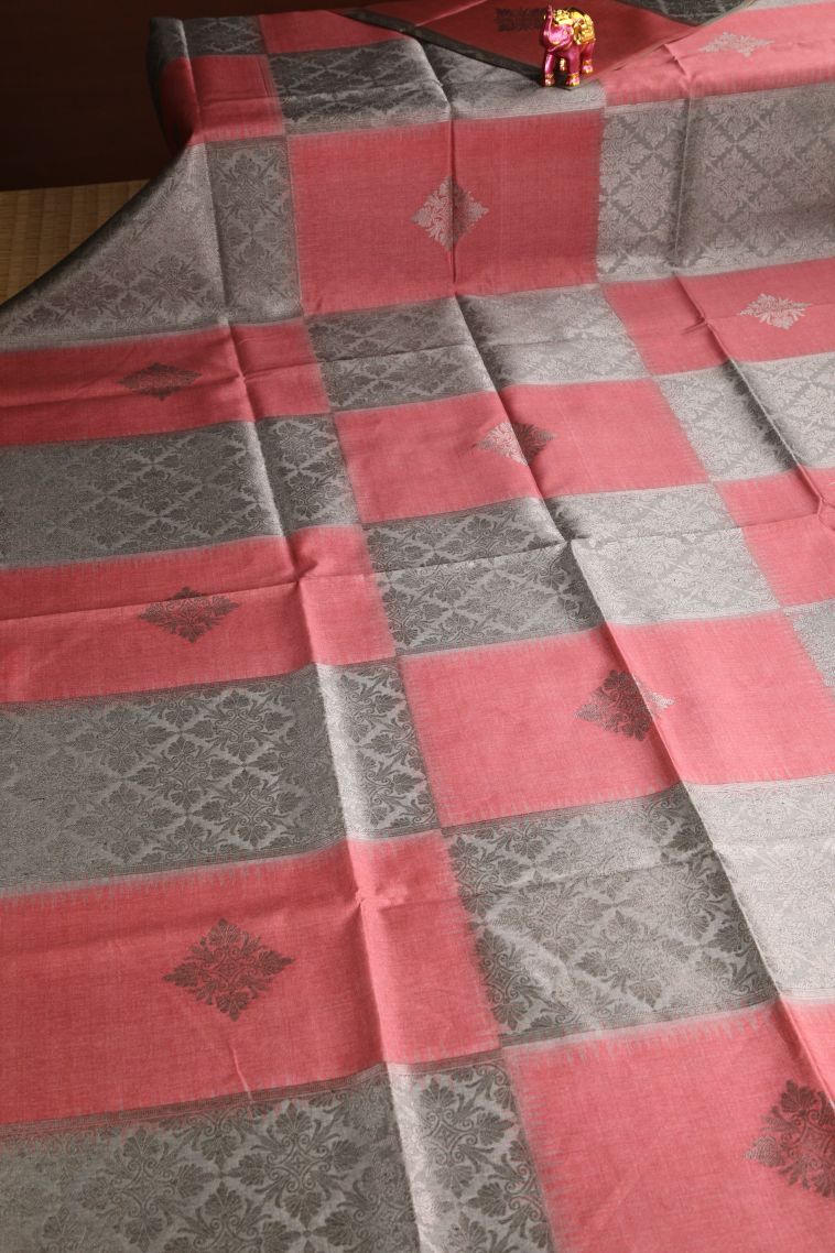 Gray Black Semi Tussar Silk with Antic Zari Floral Patterns view 2
