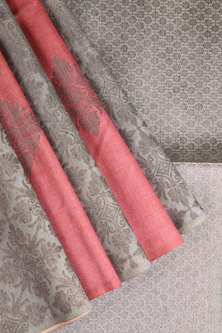 Gray Black Semi Tussar Silk with Antic Zari Floral Patterns