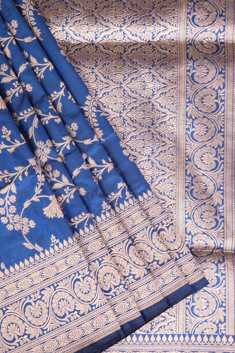 Daffane Blue Banaras Silk Saree Gold Zari with Floral Patterns view 1