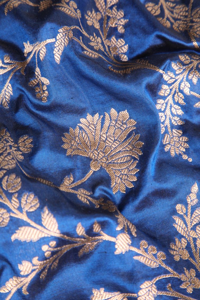 Daffane Blue Banaras Silk Saree Gold Zari with Floral Patterns view 4