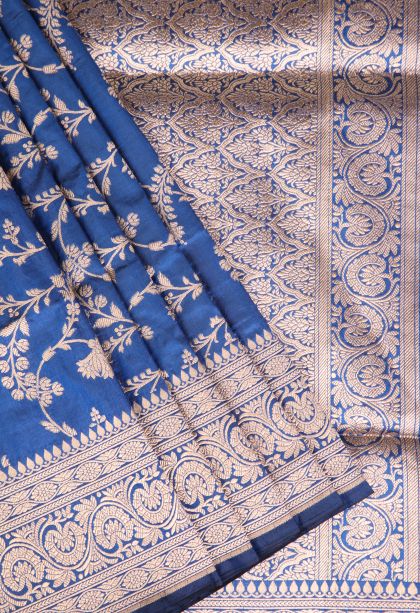 Daffane Blue Banaras Silk Saree Gold Zari with Floral Patterns