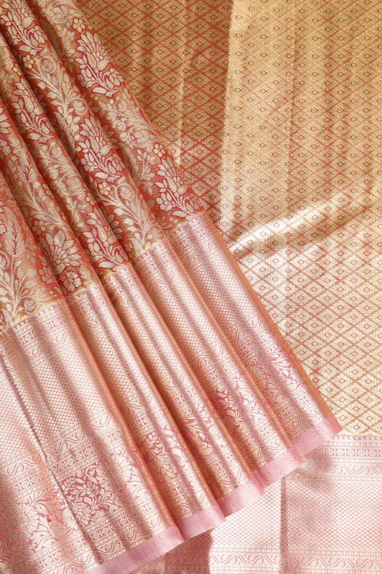 Rust Orange Apoorva Silk Sarees with Silver Zari Floral Patterns view 1