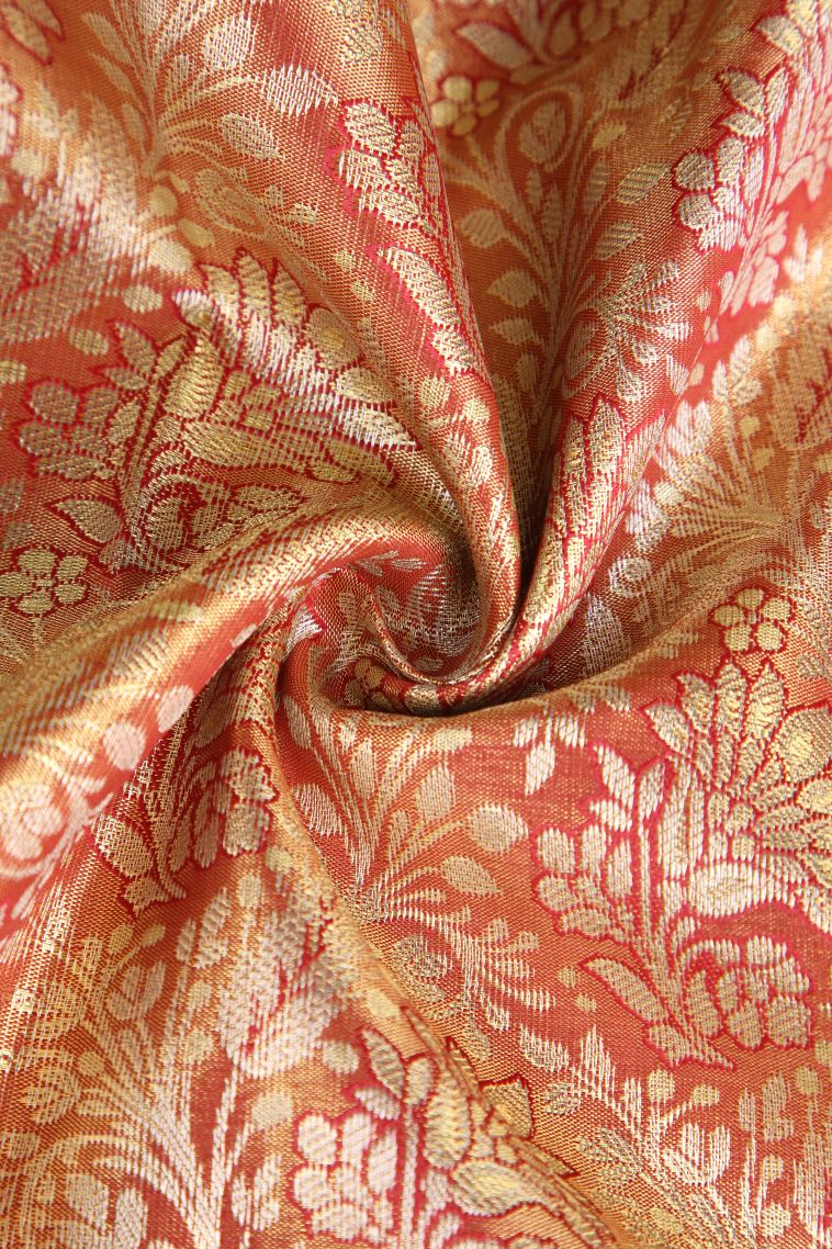 Rust Orange Apoorva Silk Sarees with Silver Zari Floral Patterns view 4