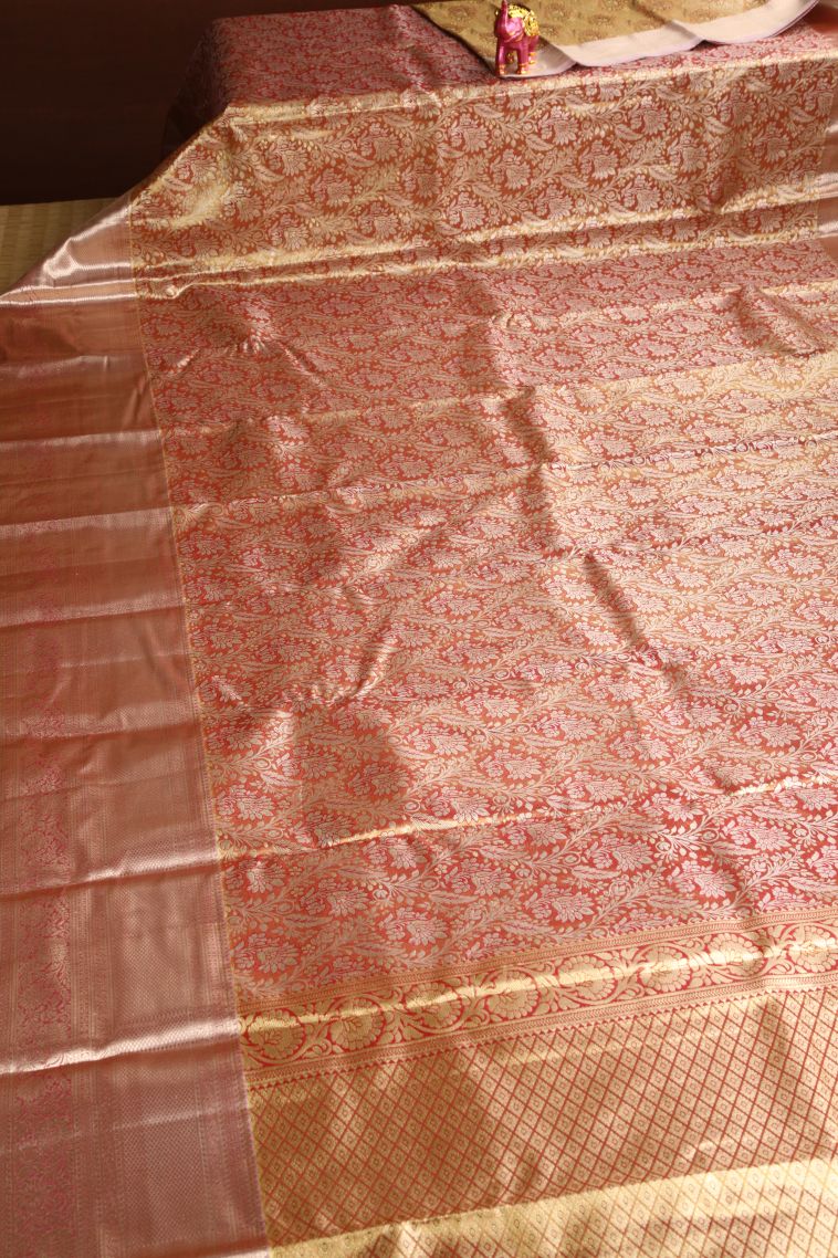 Rust Orange Apoorva Silk Sarees with Silver Zari Floral Patterns view 2