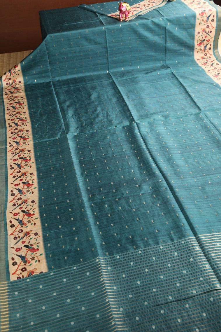Cerulean Blue Semi Raw Silk Printed Gold Zari with Zari Puttas view 2