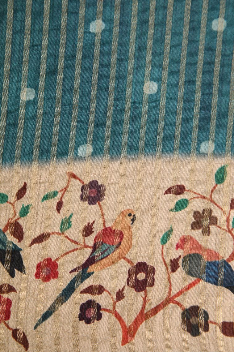 Cerulean Blue Semi Raw Silk Printed Gold Zari with Zari Puttas view 3