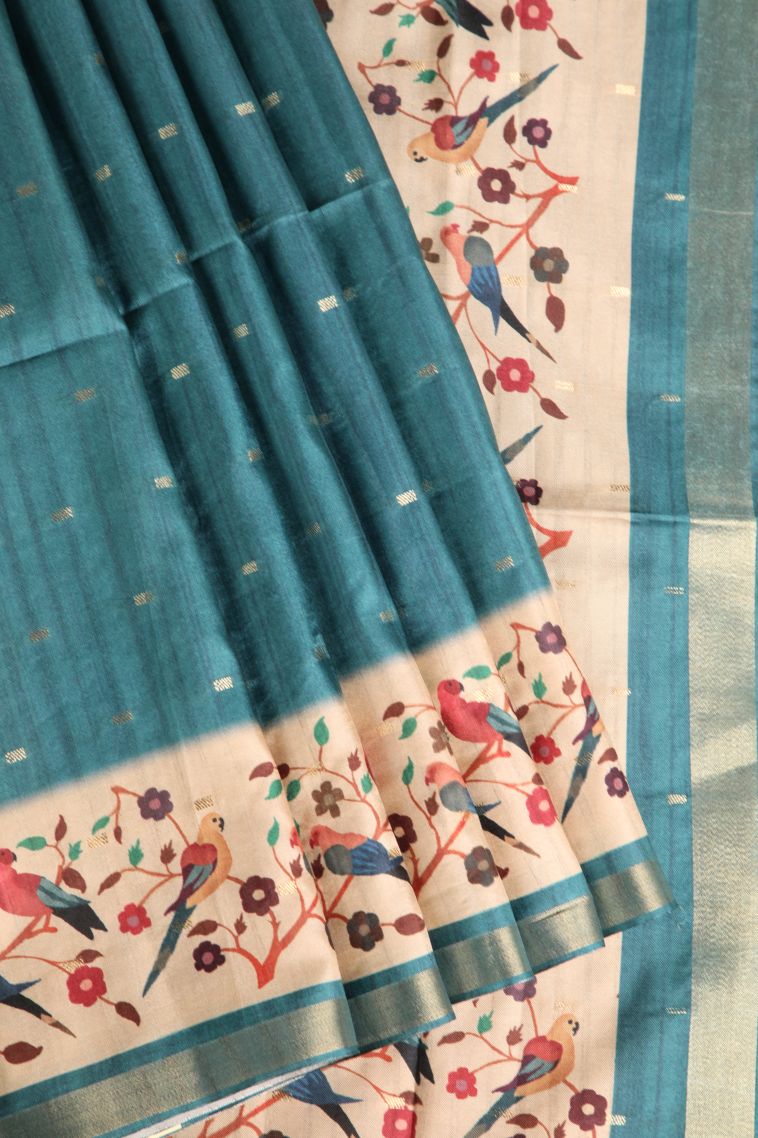 Cerulean Blue Semi Raw Silk Printed Gold Zari with Zari Puttas view 1
