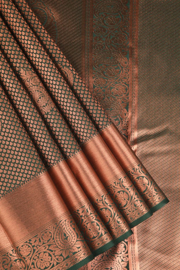 Pine Green Apoorva Silk Sarees Copper Zari with Floral Puttas view 1