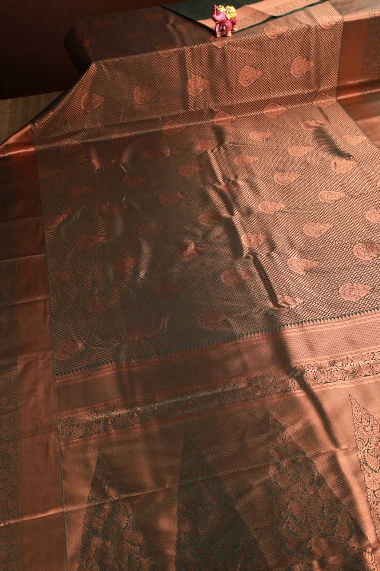 Pine Green Apoorva Silk Sarees Copper Zari with Floral Puttas view 2