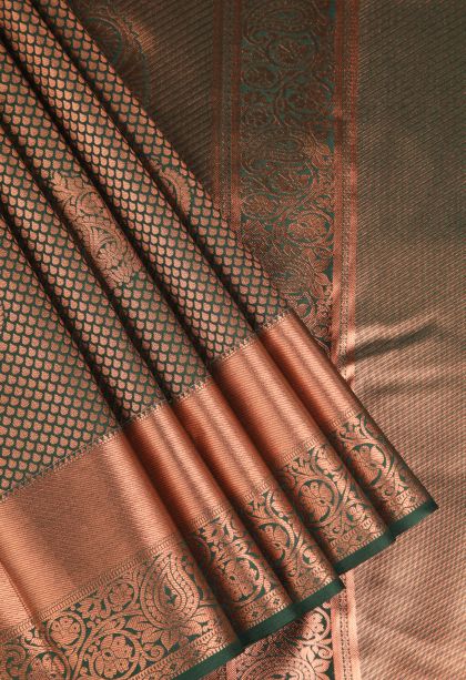 Pine Green Apoorva Silk Sarees Copper Zari with Floral Puttas