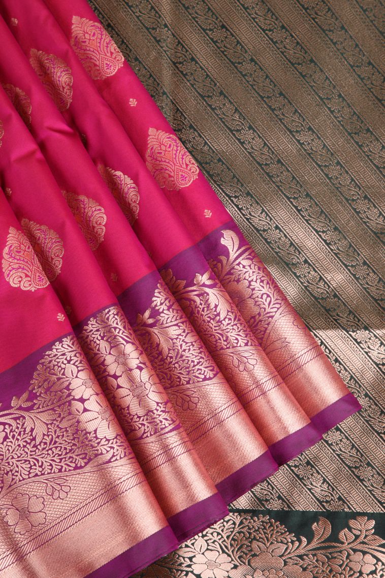 Fuscia Pink Apoorva Silk Sarees with Copper Zari Floral Puttas view 1
