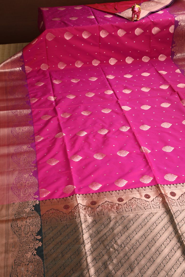 Fuscia Pink Apoorva Silk Sarees with Copper Zari Floral Puttas view 2