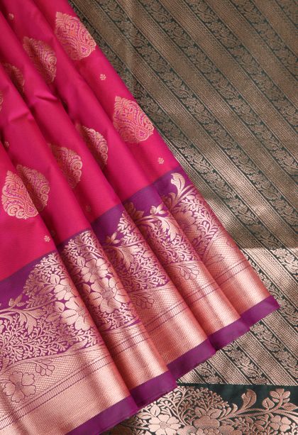 Fuscia Pink Apoorva Silk Sarees with Copper Zari Floral Puttas