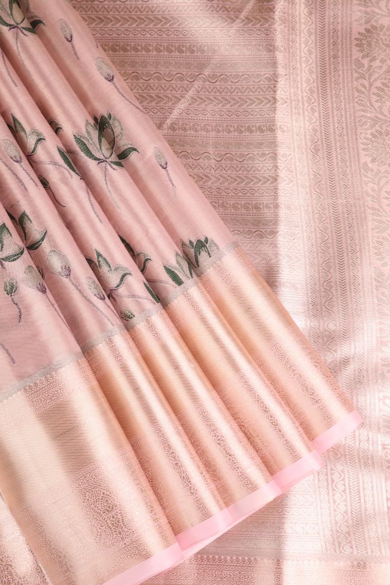 Salmon Pink Apoorva Silk Sarees with Gold Zari Floral Patterns view 1