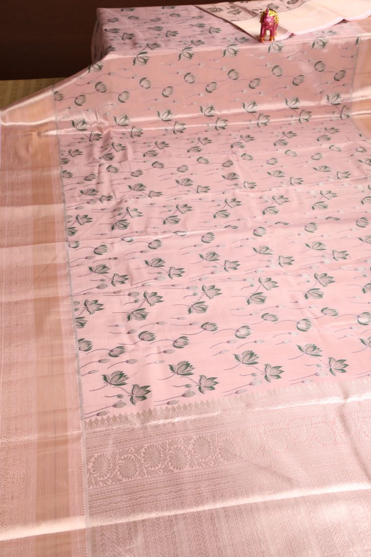Salmon Pink Apoorva Silk Sarees with Gold Zari Floral Patterns view 2