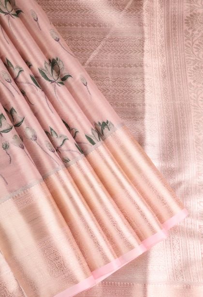 Salmon Pink Apoorva Silk Sarees with Gold Zari Floral Patterns