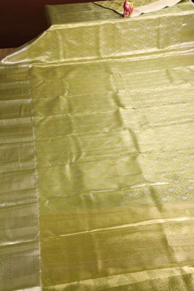 Olive Green Apoorva Silk Sarees with Gold And Silver Zari Floral Patterns view 2