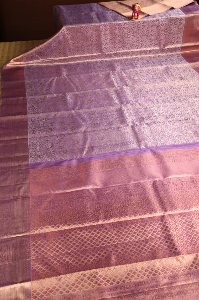 Iris Purple Kanchipuram Silk Sarees with Gold And Silver Zari Floral Patterns view 2