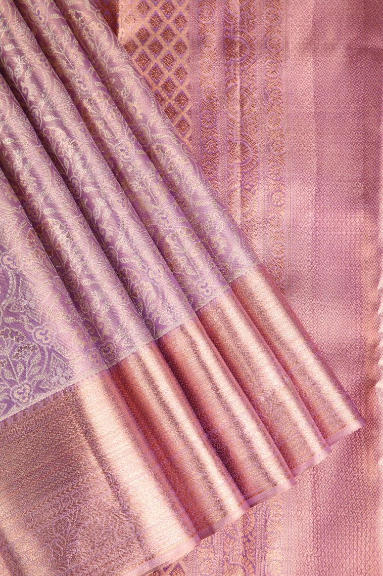 Iris Purple Kanchipuram Silk Sarees with Gold And Silver Zari Floral Patterns view 1
