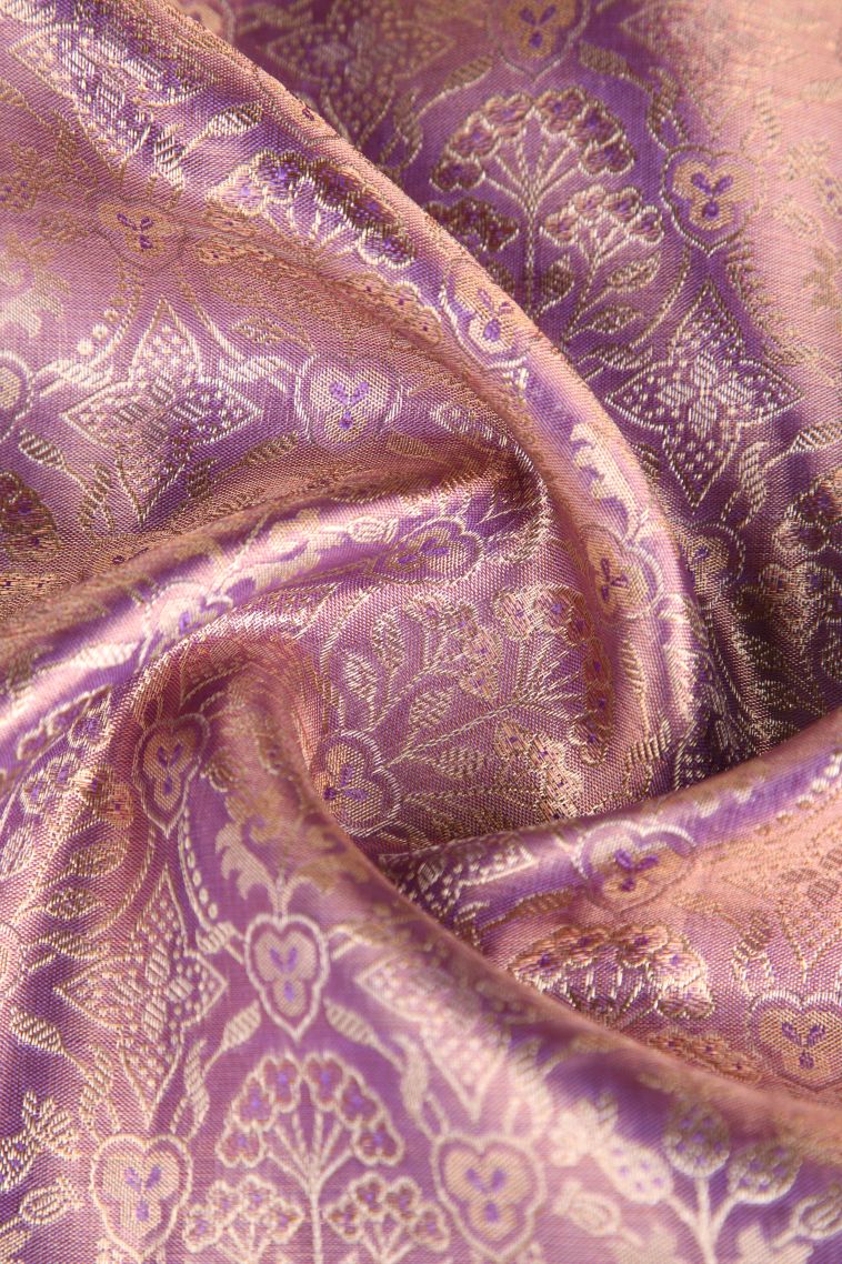 Iris Purple Kanchipuram Silk Sarees with Gold And Silver Zari Floral Patterns view 4