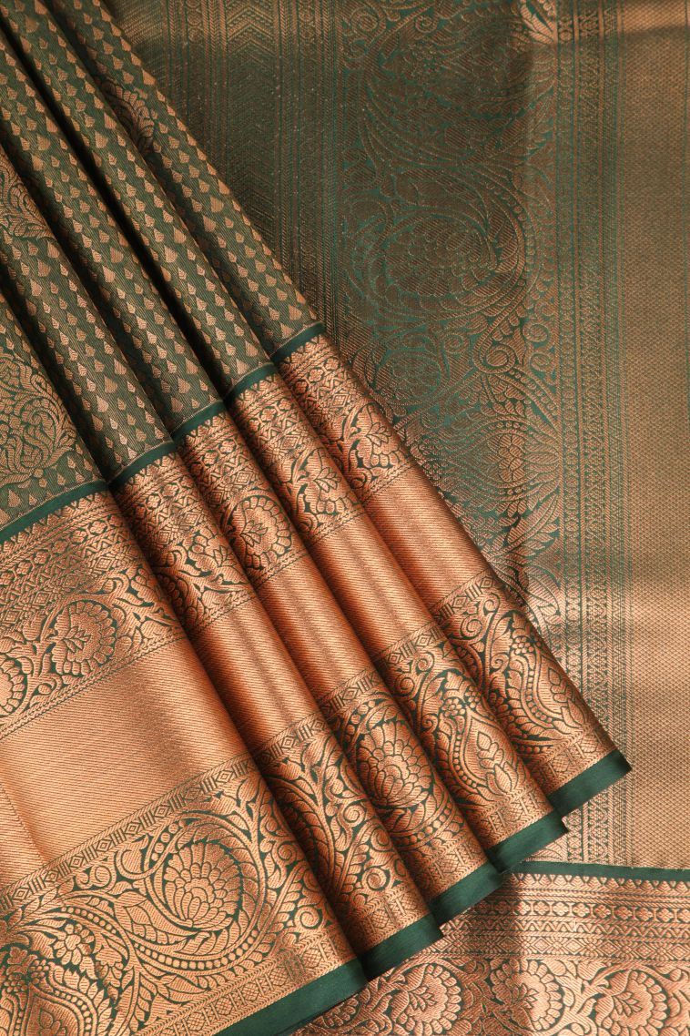 Pine Green Apoorva Silk Sarees Copper Zari with Leaf Puttas view 1