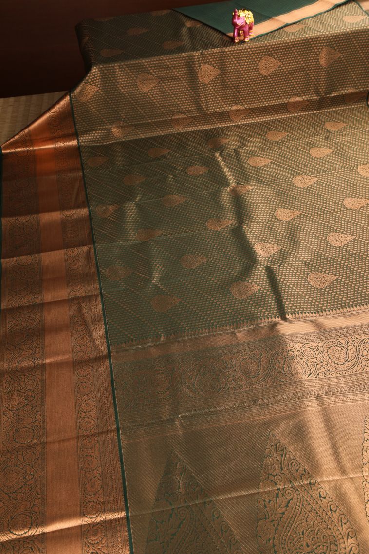 Pine Green Apoorva Silk Sarees Copper Zari with Leaf Puttas view 2