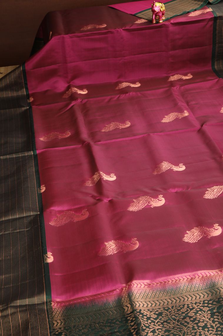Magenta  Pink Soft Silk Saree with Copper Zari Peacock Motifs view 2